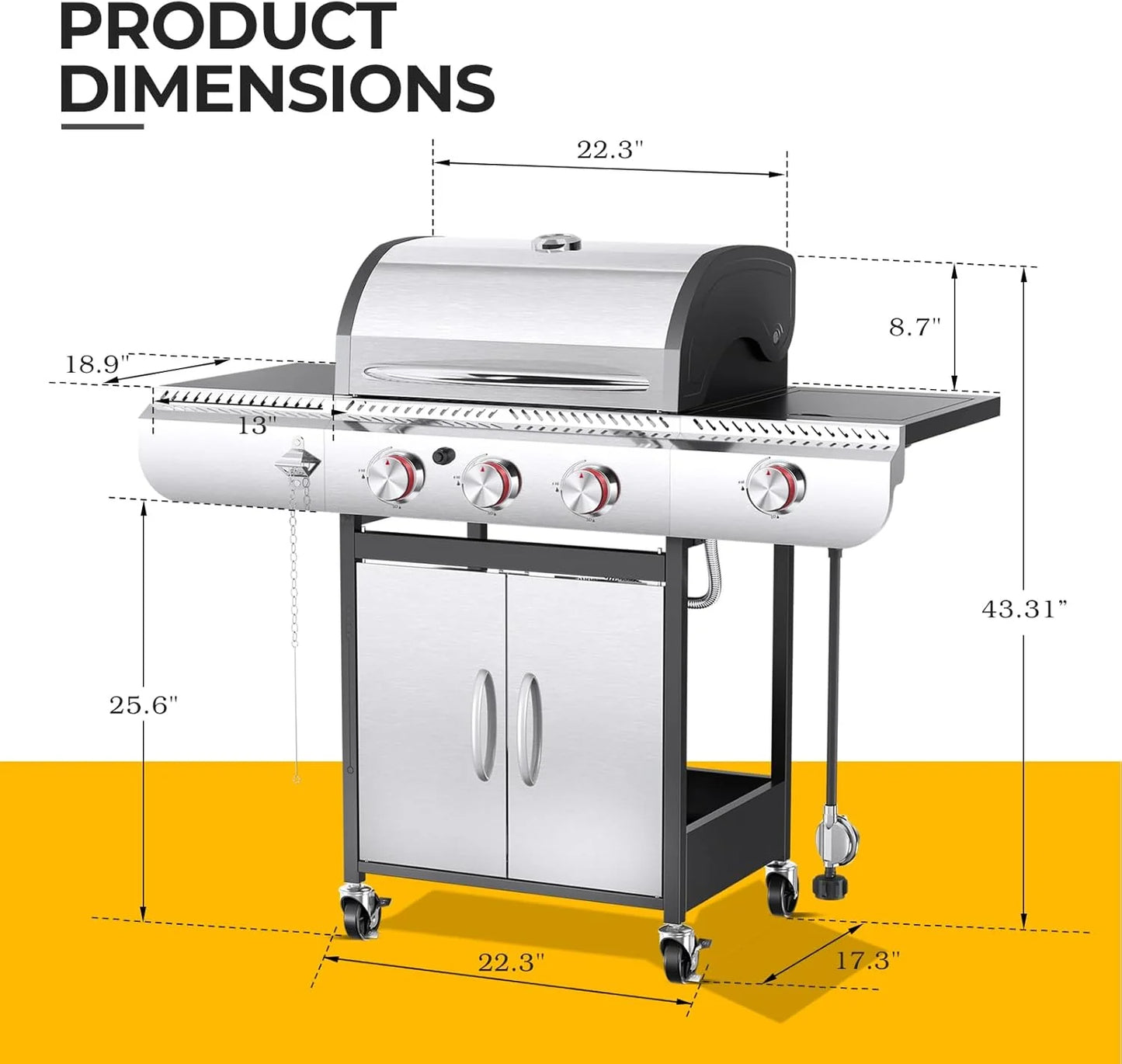 Barbecues à gaz propane R.W.FLAME 2026 à 3 et 4 brûleurs avec brûleurs latéraux, pour la cuisine en plein air, les grillades, la terrasse et le camping.