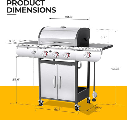 Barbecues à gaz propane R.W.FLAME 2026 à 3 et 4 brûleurs avec brûleurs latéraux, pour la cuisine en plein air, les grillades, la terrasse et le camping.