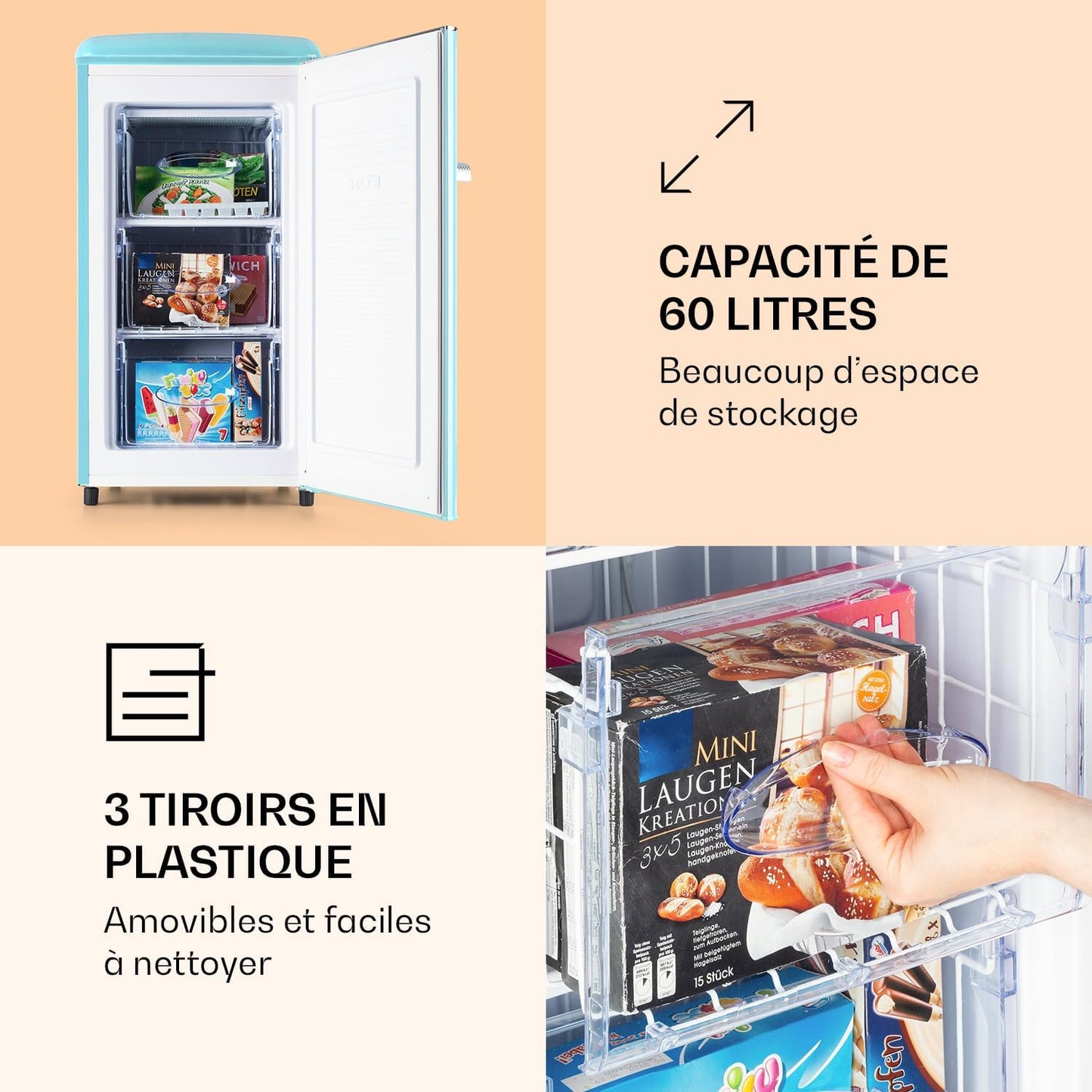 KLARSTEIN Laika - Congélateur, volume total 60 litres, thermostat à 5 niveaux, 0 à -18°C, 3 grilles, pose libre, design rétro - rouge