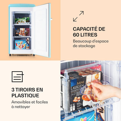 KLARSTEIN Laika - Congélateur, volume total 60 litres, thermostat à 5 niveaux, 0 à -18°C, 3 grilles, pose libre, design rétro - rouge