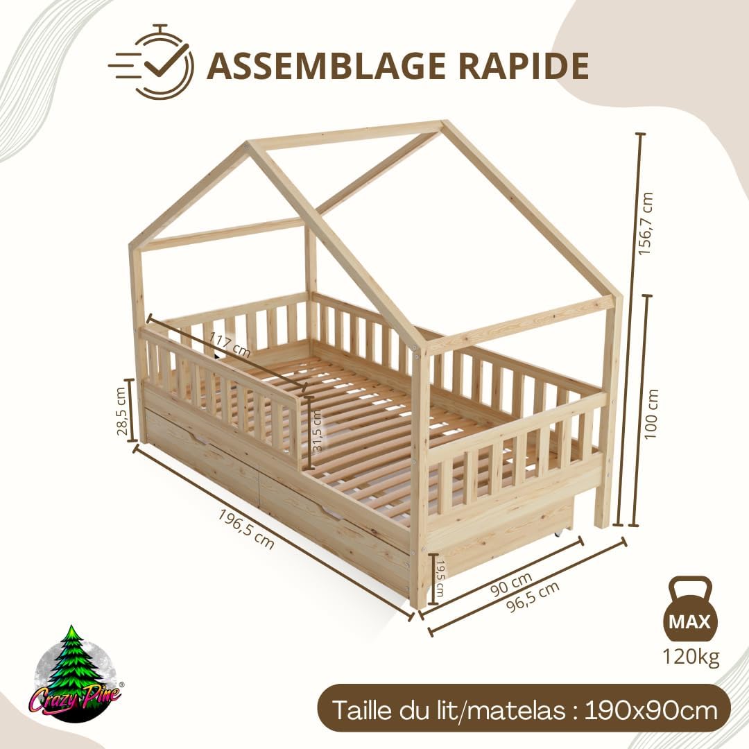 Lit cabane Crazy Pine Crazy House avec tiroirs 190 x 90 cm &ndash; Lit enfant en bois naturel avec barri&egrave;re &ndash; Lit Montessori au sol avec rangement suppl&eacute;mentaire et barri&egrave;re amovible