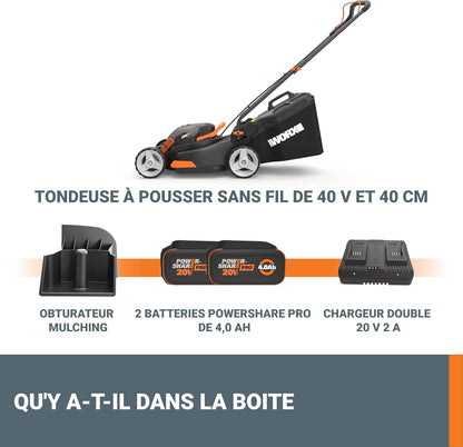 WORX Tondeuse à Gazon sans Fil 40 V (2 x 20 V) Max 40cm WG734E Idéale pour Un Jardin jusqu'à 500m², Powershare, 4 Ah, Technologie IntelliCut Hauteur de Coupe 20-80mm