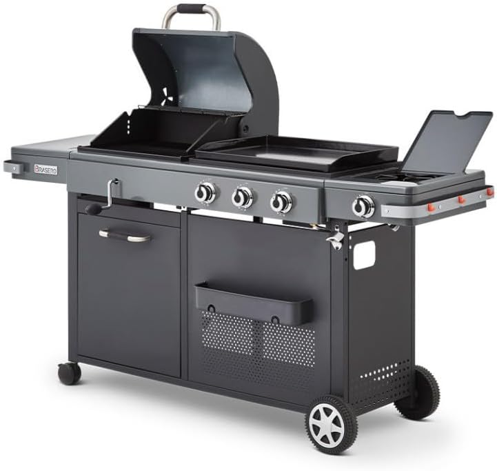 Barbecue Bi-Energy Gun Metal XL - Barbecue Charbon et Plancha 60 x 42 cm à gaz avec brûleur latéral -12,95 KW