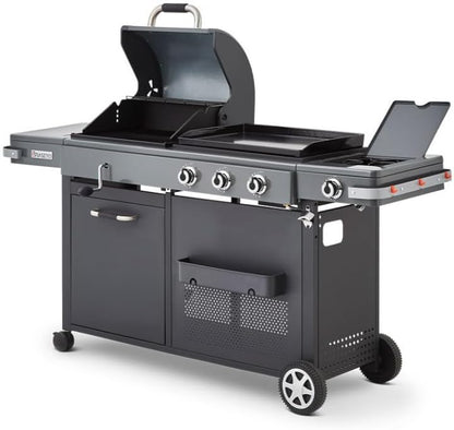 Barbecue Bi-Energy Gun Metal XL - Barbecue Charbon et Plancha 60 x 42 cm à gaz avec brûleur latéral -12,95 KW