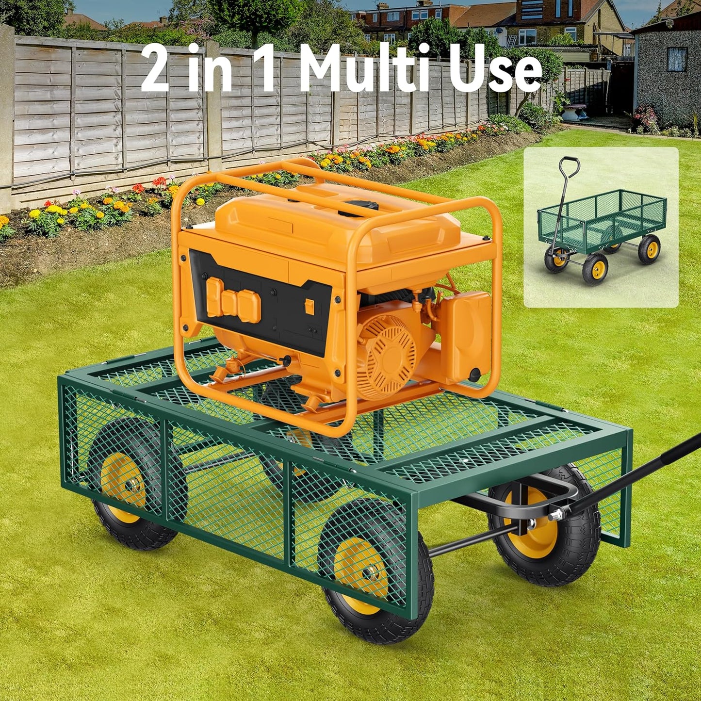Chariot de jardin en acier 2026, 2 en 1, robuste, utilitaire, 635 kg (1400 lb), avec ridelles amovibles en filet pour le transformer en plateau, demi-tour à 240°, pneus pneumatiques de 33 cm (13 po), idéal pour la ferme, le jardin, la pelouse et le c