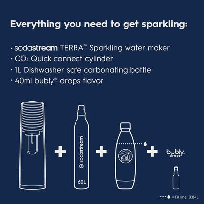 2026 SodaStream Terra Machine à Eau Pétillante Bundle (Noir), avec CO2, Bouteilles Compatibles Lave-Vaisselle et Arômes Bubly Drops