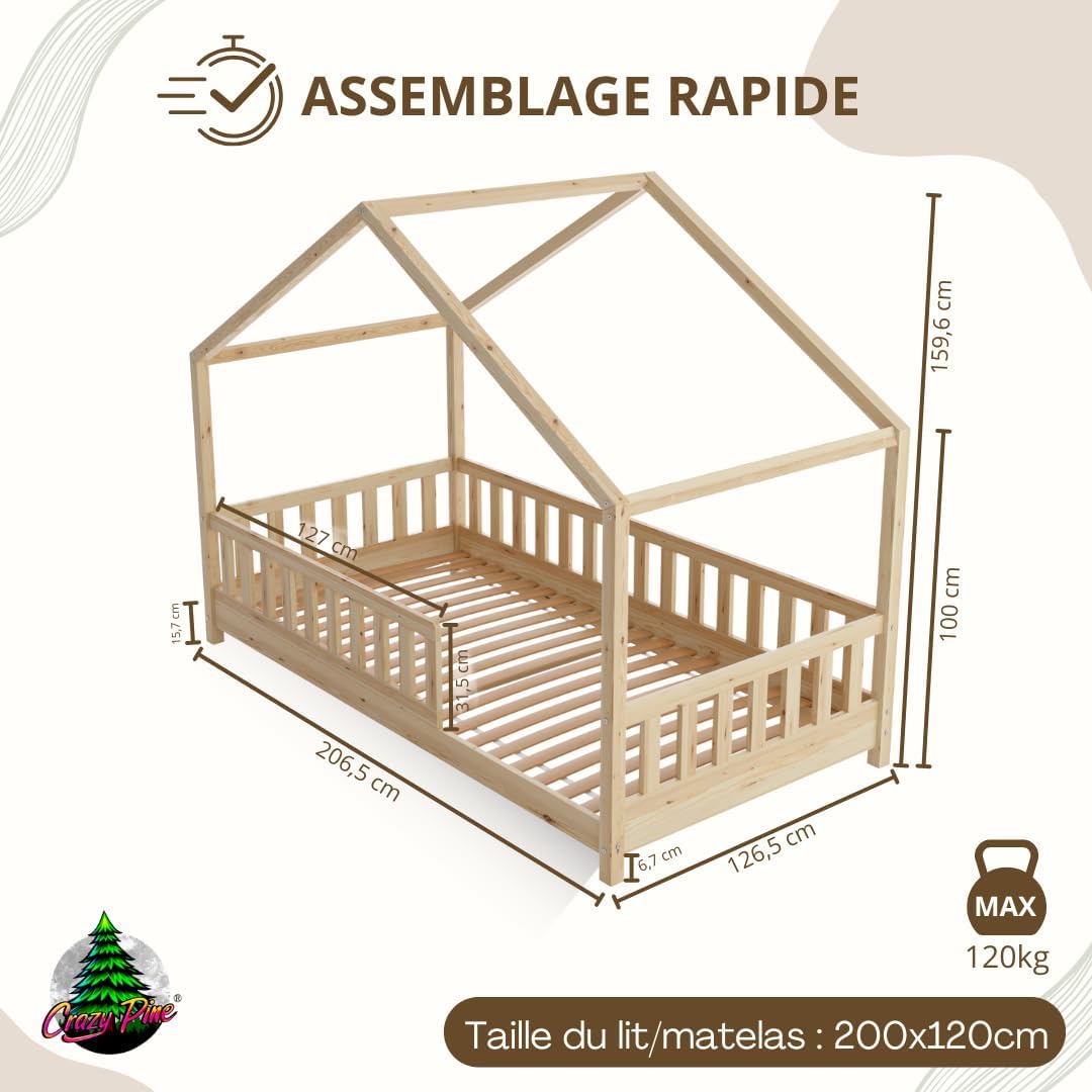 Lit cabane Crazy Pine Crazy House avec tiroirs 190 x 90 cm &ndash; Lit enfant en bois naturel avec barri&egrave;re &ndash; Lit Montessori au sol avec rangement suppl&eacute;mentaire et barri&egrave;re amovible