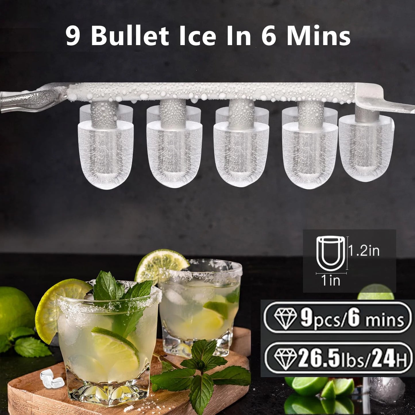 Machine à glaçons de comptoir Bullet 2026 avec poignée, produit 9 glaçons Bullet en 6 minutes, capacité de 12 kg/24 heures, machine à glaçons portable autonettoyante avec panier et pelle, idéale pour la maison, la cuisine, le camping et les caravanes