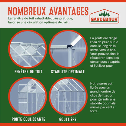 Gardebruk Serre de Jardin en Aluminium 7,63m&sup3; abri ext&eacute;rieur pour Plantes l&eacute;gumes 250x190x195cm avec fen&ecirc;tres