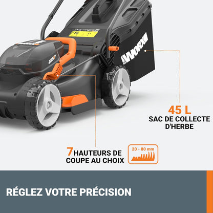 WORX Tondeuse à Gazon sans Fil 40 V (2 x 20 V) Max 40cm WG734E Idéale pour Un Jardin jusqu'à 500m², Powershare, 4 Ah, Technologie IntelliCut Hauteur de Coupe 20-80mm