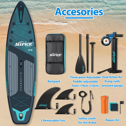 Ensemble de planche de SUP ALLPICK Premium 2026, planche de paddle gonflable, avec support de caméra universel, accessoires complets, pagaie réglable, débutant, avancé, 180 kg (vert premium)