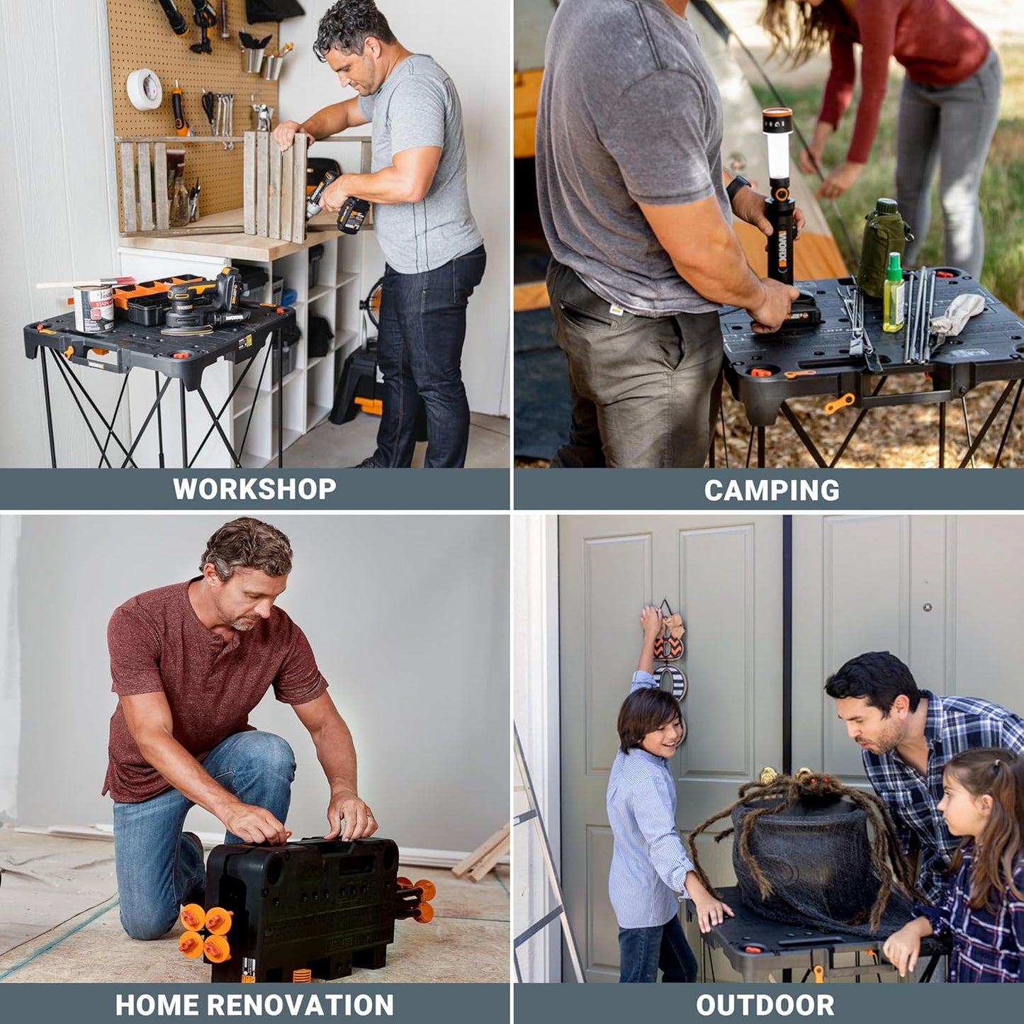 2026 Table de Travail et Chevalet Pliant 2-en-1 Worx Pegasus, Banc de Travail Portable Facile à Installer, 31" L x 25" P x 32" H, Léger avec Haute Capacité de Charge, WX051 - Inclut 2 Serres et 4 Brides