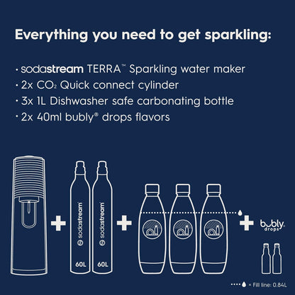 2026 SodaStream Terra Machine à Eau Pétillante Bundle (Noir), avec CO2, Bouteilles Compatibles Lave-Vaisselle et Arômes Bubly Drops