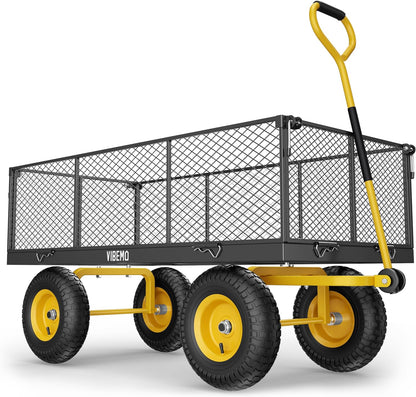 Chariot de jardin en acier 2026, 2 en 1, robuste, utilitaire, 635 kg (1400 lb), avec ridelles amovibles en filet pour le transformer en plateau, demi-tour à 240°, pneus pneumatiques de 33 cm (13 po), idéal pour la ferme, le jardin, la pelouse et le c