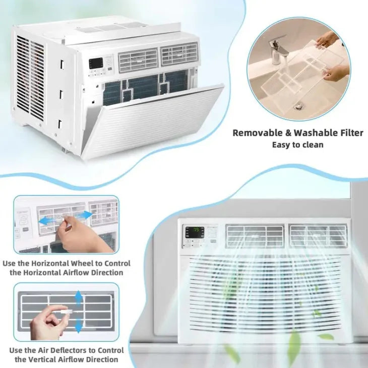 Climatiseur de fenêtre silencieux 2026  de 10 000 BTU, avec télécommande, mode Éco et certification Energy Star ; appareil 3-en-1 incluant un déshumidificateur.