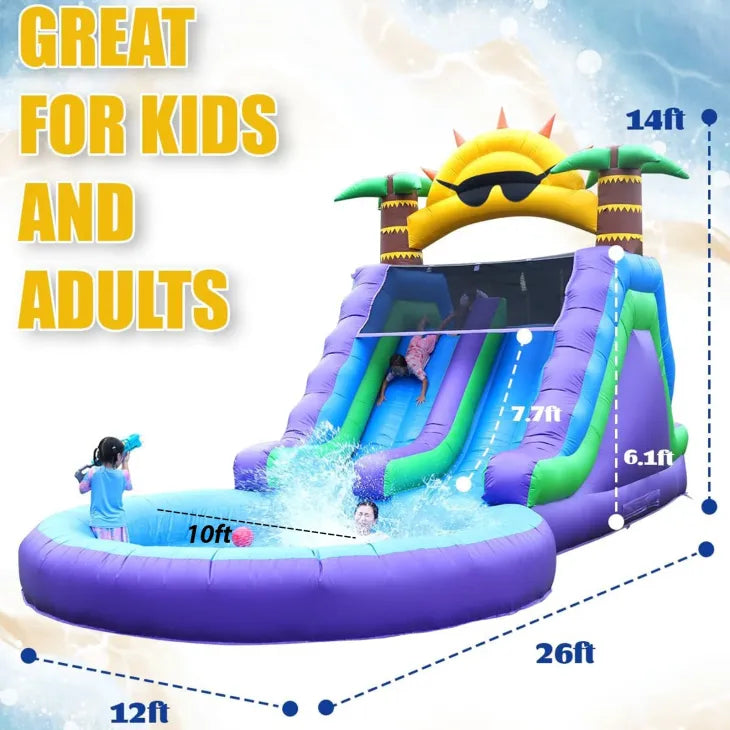 Nouveau modèle 2026  : Double toboggan aquatique gonflable de 26 pieds (env. 8 m) pour enfants et adultes – Parc aquatique gonflable en PVC avec soufflerie – Grand bassin de réception pour le jardin et les jeux en plein air – Dimensions : 26 pi (L) x