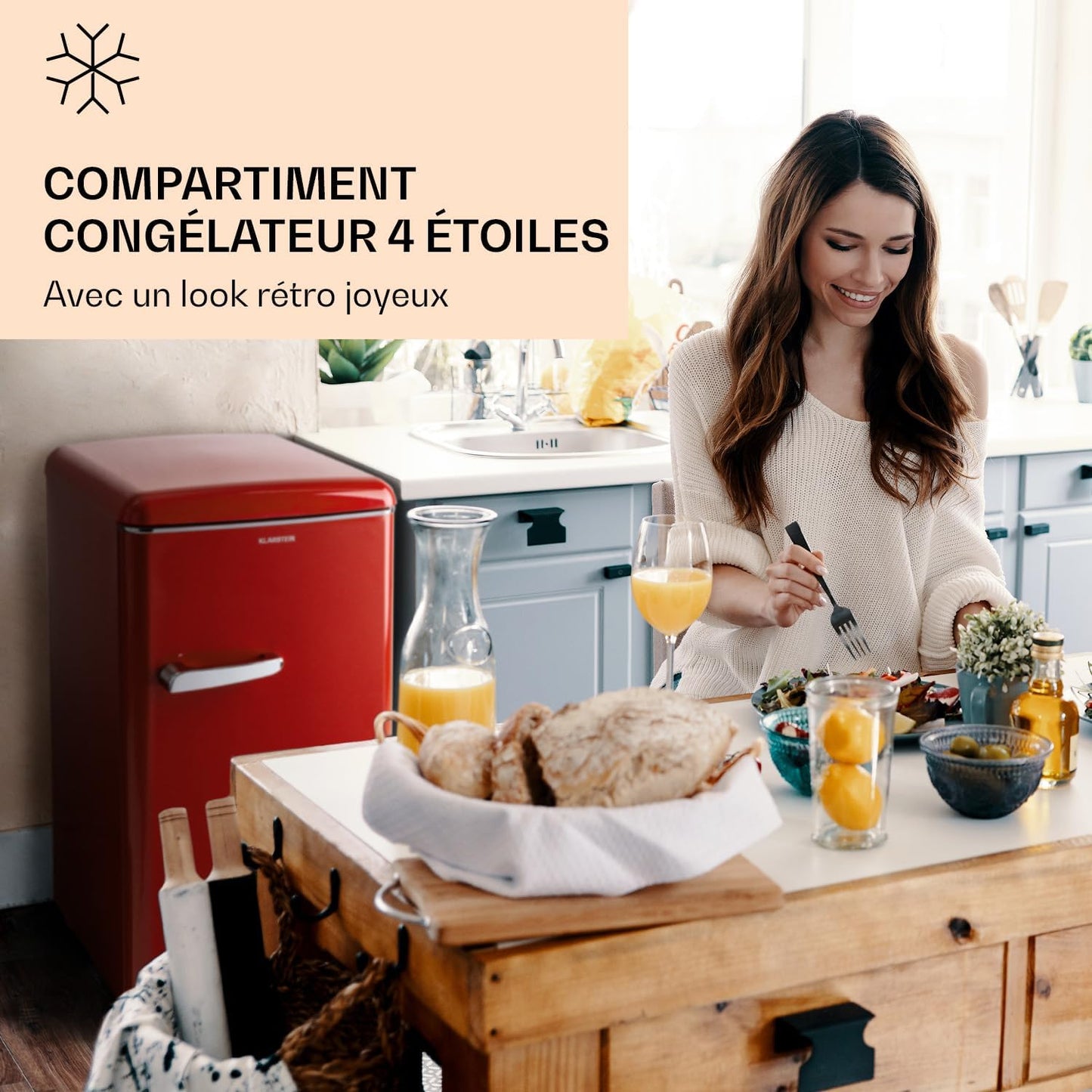 KLARSTEIN Laika - Congélateur, volume total 60 litres, thermostat à 5 niveaux, 0 à -18°C, 3 grilles, pose libre, design rétro - rouge