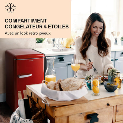 KLARSTEIN Laika - Congélateur, volume total 60 litres, thermostat à 5 niveaux, 0 à -18°C, 3 grilles, pose libre, design rétro - rouge