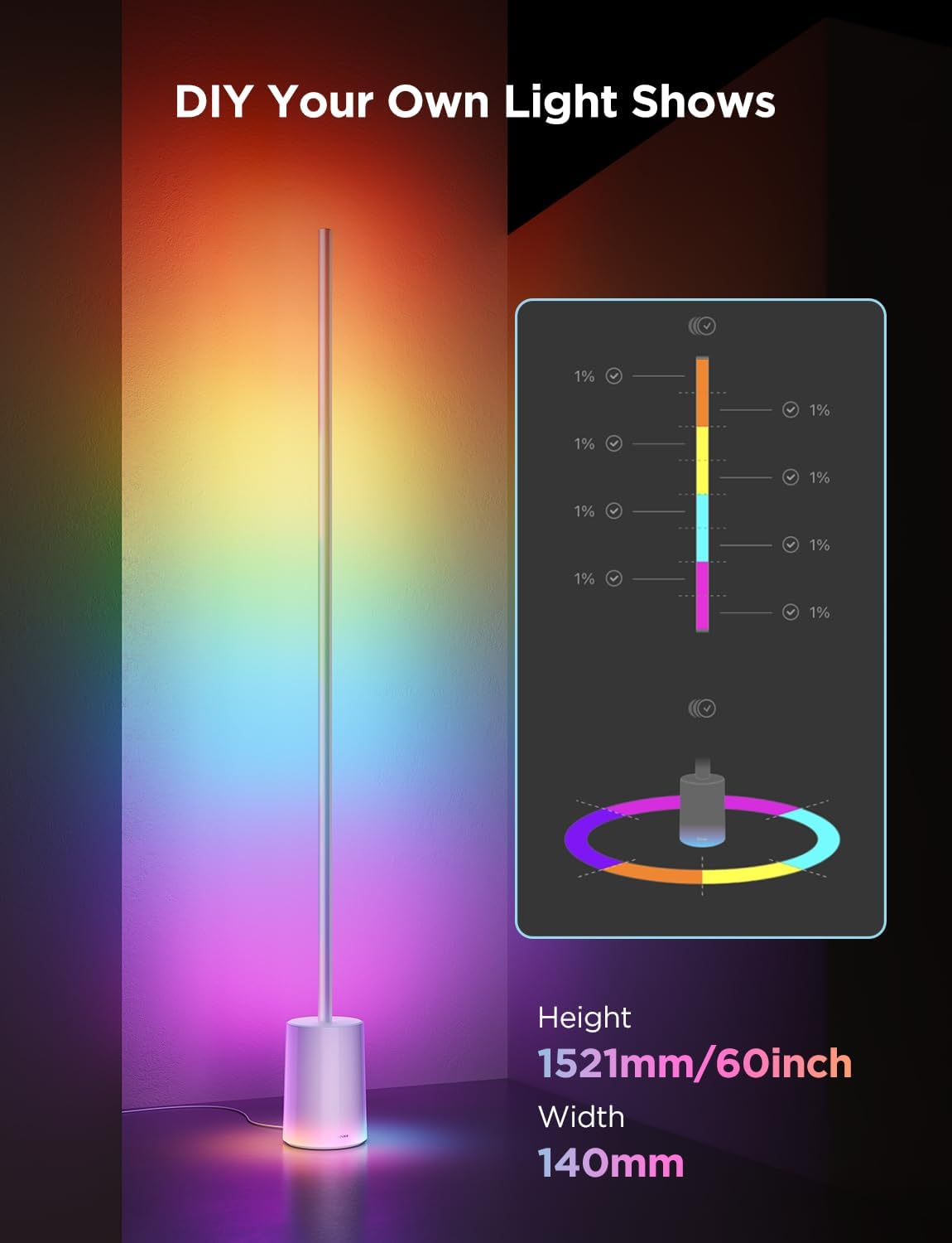 2026 Lampadaire Govee 2 avec Matter, LED RGBIC, Blanc Chaud et Froid, Compatible Alexa, 1725 lm, Synchronisation Musique, Modes Scènes, Lampadaire Intelligent pour Salon et Chambre, Noir (1 Pièce)