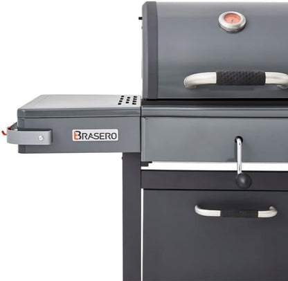Barbecue Bi-Energy Gun Metal XL - Barbecue Charbon et Plancha 60 x 42 cm à gaz avec brûleur latéral -12,95 KW