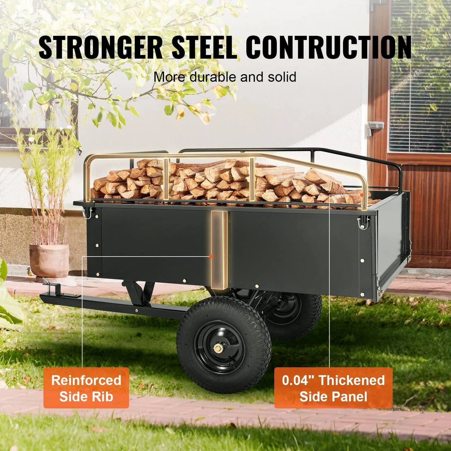 Remorque basculante VEVOR robuste pour VTT, chariot en acier, 750 livres, 15 pieds cubes, remorque utilitaire de jardin avec côtés amovibles pour quad - Fabriqué aux États-Unis