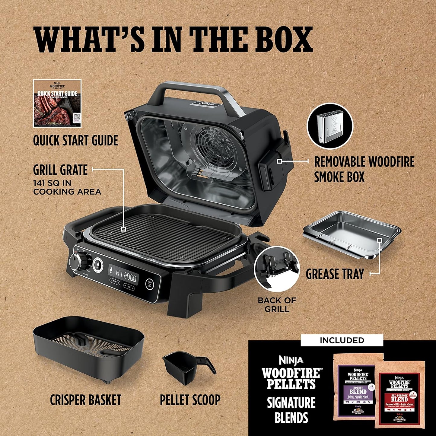 Ninja Woodfire Pro Gril et fumoir 7 en 1 avec thermomètre, friteuse à air, barbecue, pâtisserie, grillades, grillades, barbecue électrique portable pour extérieur, gris