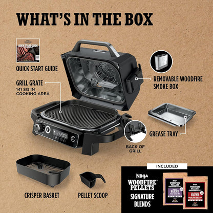 Ninja Woodfire Pro Gril et fumoir 7 en 1 avec thermomètre, friteuse à air, barbecue, pâtisserie, grillades, grillades, barbecue électrique portable pour extérieur, gris