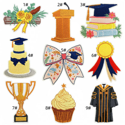 graduation embroidered patches cap trophy design iron on