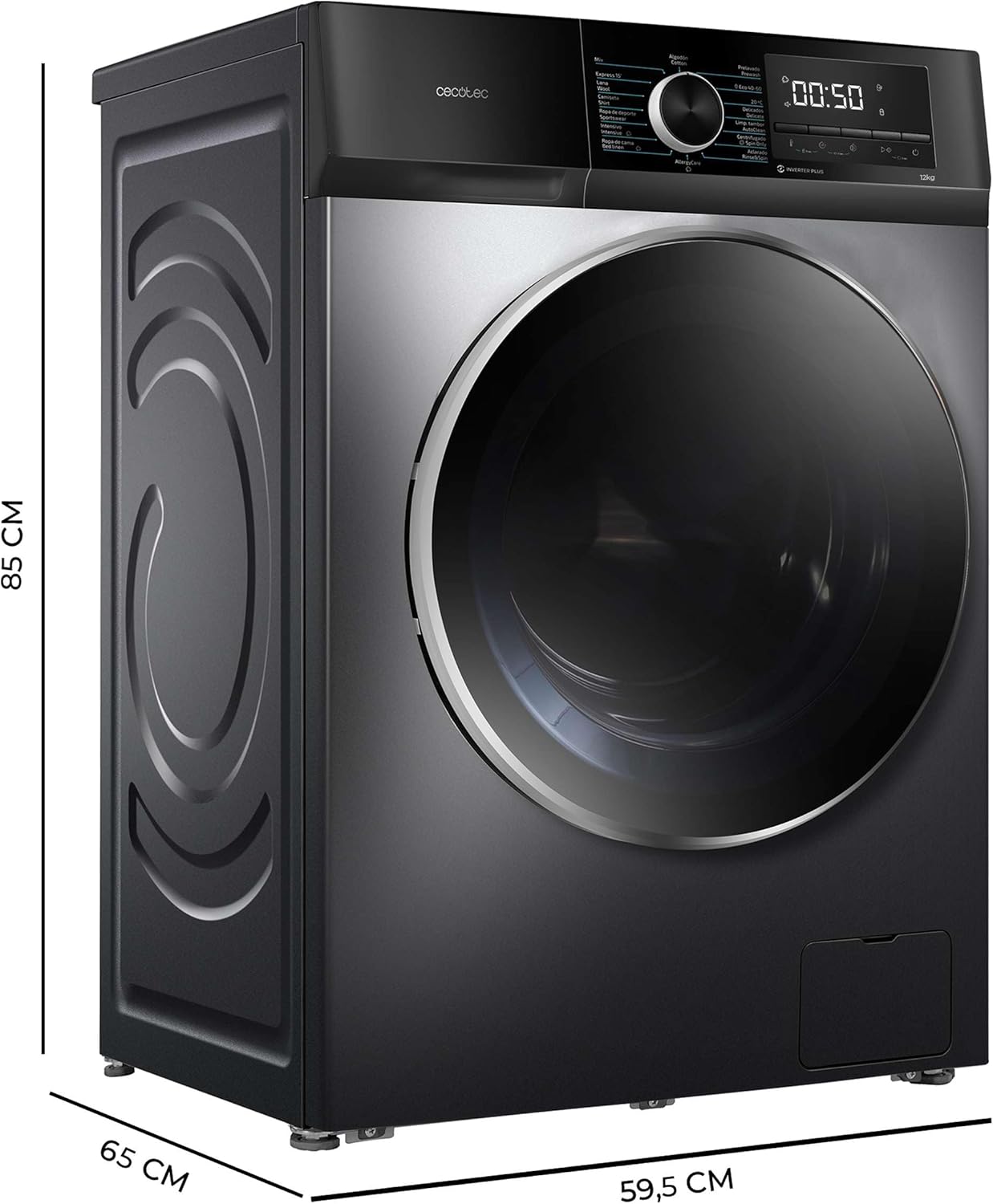 Cecotec Bolero Dresscode 10500 Inverter Steel A. Lave-linge 10 kg Steel, 1400 tr/min, Moteur Inverter Plus, Vapeur, Classe A.