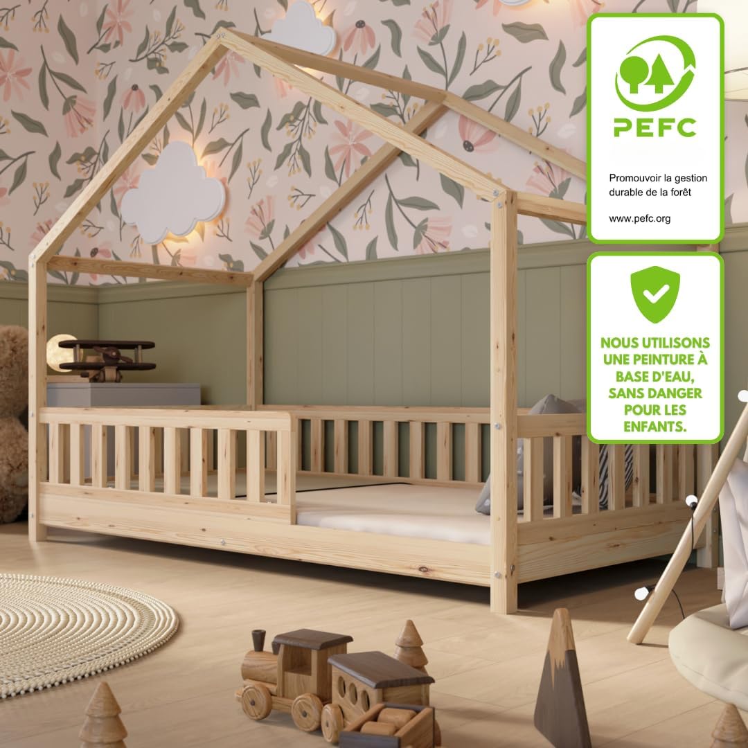 Lit cabane Crazy Pine Crazy House avec tiroirs 190 x 90 cm &ndash; Lit enfant en bois naturel avec barri&egrave;re &ndash; Lit Montessori au sol avec rangement suppl&eacute;mentaire et barri&egrave;re amovible