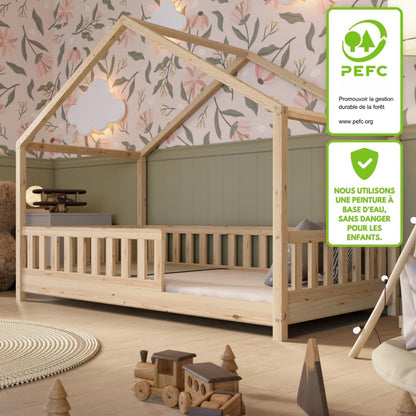 Lit cabane Crazy Pine Crazy House avec tiroirs 190 x 90 cm &ndash; Lit enfant en bois naturel avec barri&egrave;re &ndash; Lit Montessori au sol avec rangement suppl&eacute;mentaire et barri&egrave;re amovible