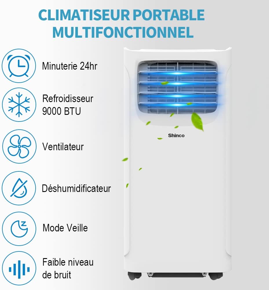 SHINCO Climatiseur mobile, 7000 BTU 2,05kW, Refroidir&Ventilation&Déshumidification, taille de la pièce jusqu'à 54m³(18㎡), Climatiseur mobile avec tuyau d'évacuation et tuyau de vidange, mode sommeil