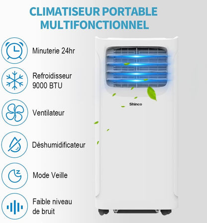 SHINCO Climatiseur mobile, 7000 BTU 2,05kW, Refroidir&Ventilation&Déshumidification, taille de la pièce jusqu'à 54m³(18㎡), Climatiseur mobile avec tuyau d'évacuation et tuyau de vidange, mode sommeil