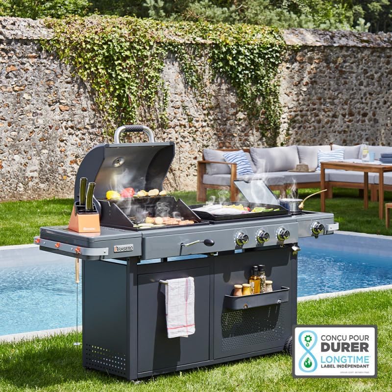 Barbecue Bi-Energy Gun Metal XL - Barbecue Charbon et Plancha 60 x 42 cm à gaz avec brûleur latéral -12,95 KW