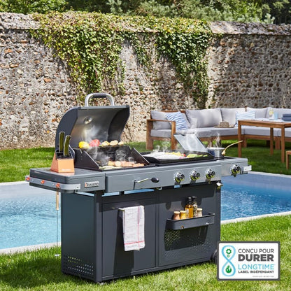 Barbecue Bi-Energy Gun Metal XL - Barbecue Charbon et Plancha 60 x 42 cm à gaz avec brûleur latéral -12,95 KW