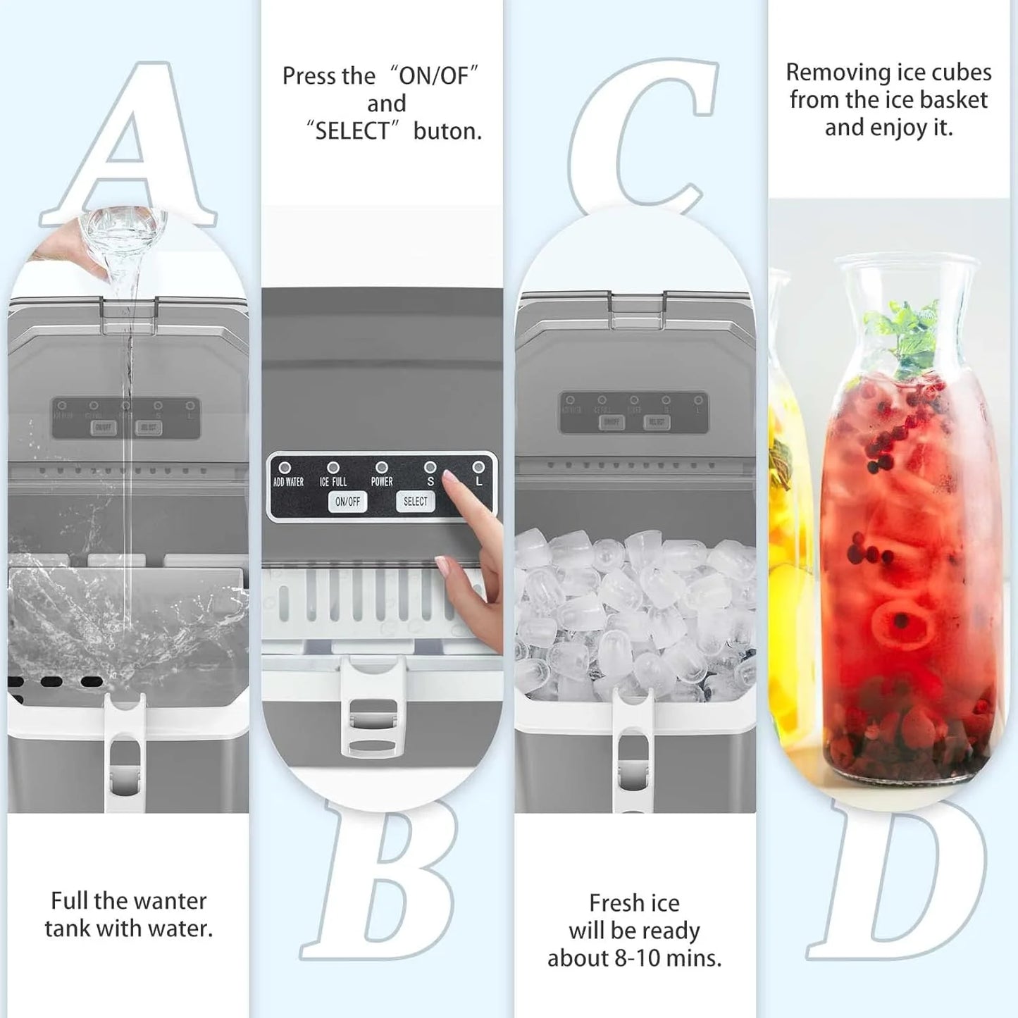 Machine à glaçons de comptoir 2026, portable, avec poignée de transport, autonettoyante, panier et pelle inclus, 9 glaçons en 6 minutes, capacité de 12 kg/24 h, 2 tailles de glaçons, idéale pour la maison, la cuisine et les fêtes, couleur grise.