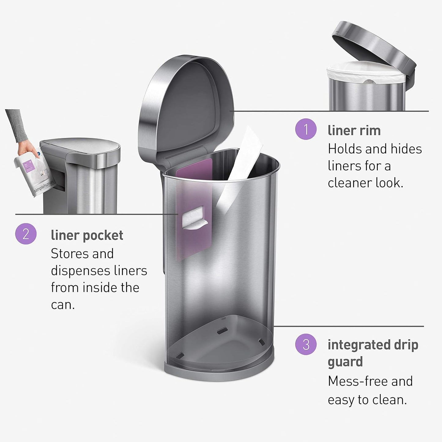 2026 Simplehuman Poubelle de Cuisine Semi-Ronde à Ouverture au Pied 60 Litres avec Couvercle à Fermeture Douce, Acier Inoxydable Brossé