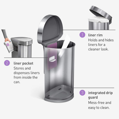 2026 Simplehuman Poubelle de Cuisine Semi-Ronde à Ouverture au Pied 60 Litres avec Couvercle à Fermeture Douce, Acier Inoxydable Brossé