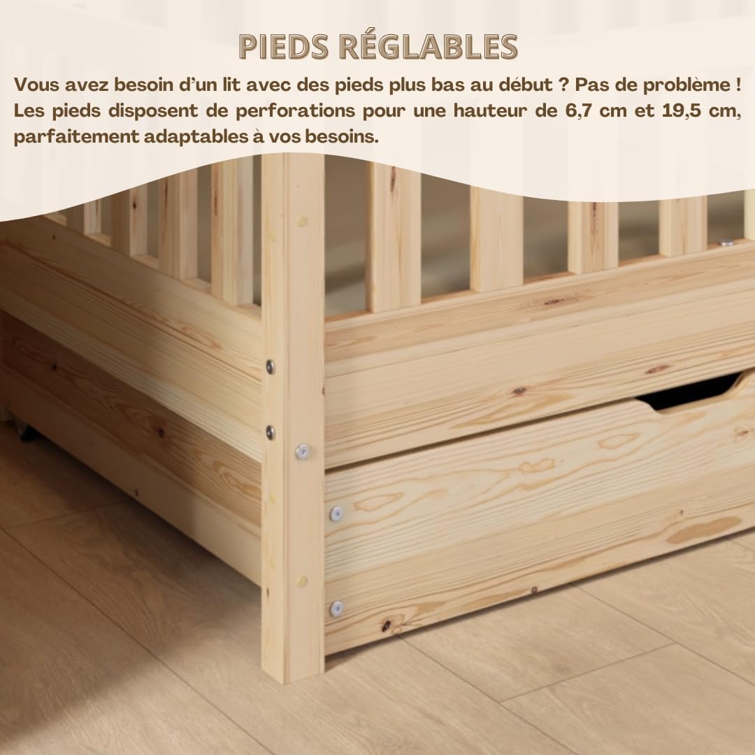 Lit cabane Crazy Pine Crazy House avec tiroirs 190 x 90 cm &ndash; Lit enfant en bois naturel avec barri&egrave;re &ndash; Lit Montessori au sol avec rangement suppl&eacute;mentaire et barri&egrave;re amovible