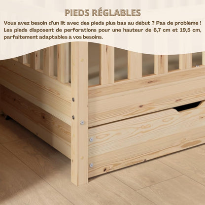 Lit cabane Crazy Pine Crazy House avec tiroirs 190 x 90 cm &ndash; Lit enfant en bois naturel avec barri&egrave;re &ndash; Lit Montessori au sol avec rangement suppl&eacute;mentaire et barri&egrave;re amovible