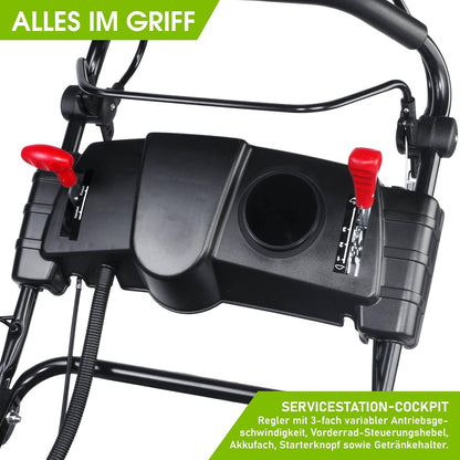 BRAST tondeuse thermique 3 roues TRIKE E-START 224cc 53cm tractée démarrage électrique mulching 4en1 capot en tôle en acier 60l - moteur 4 temps de la marque française GT reglable