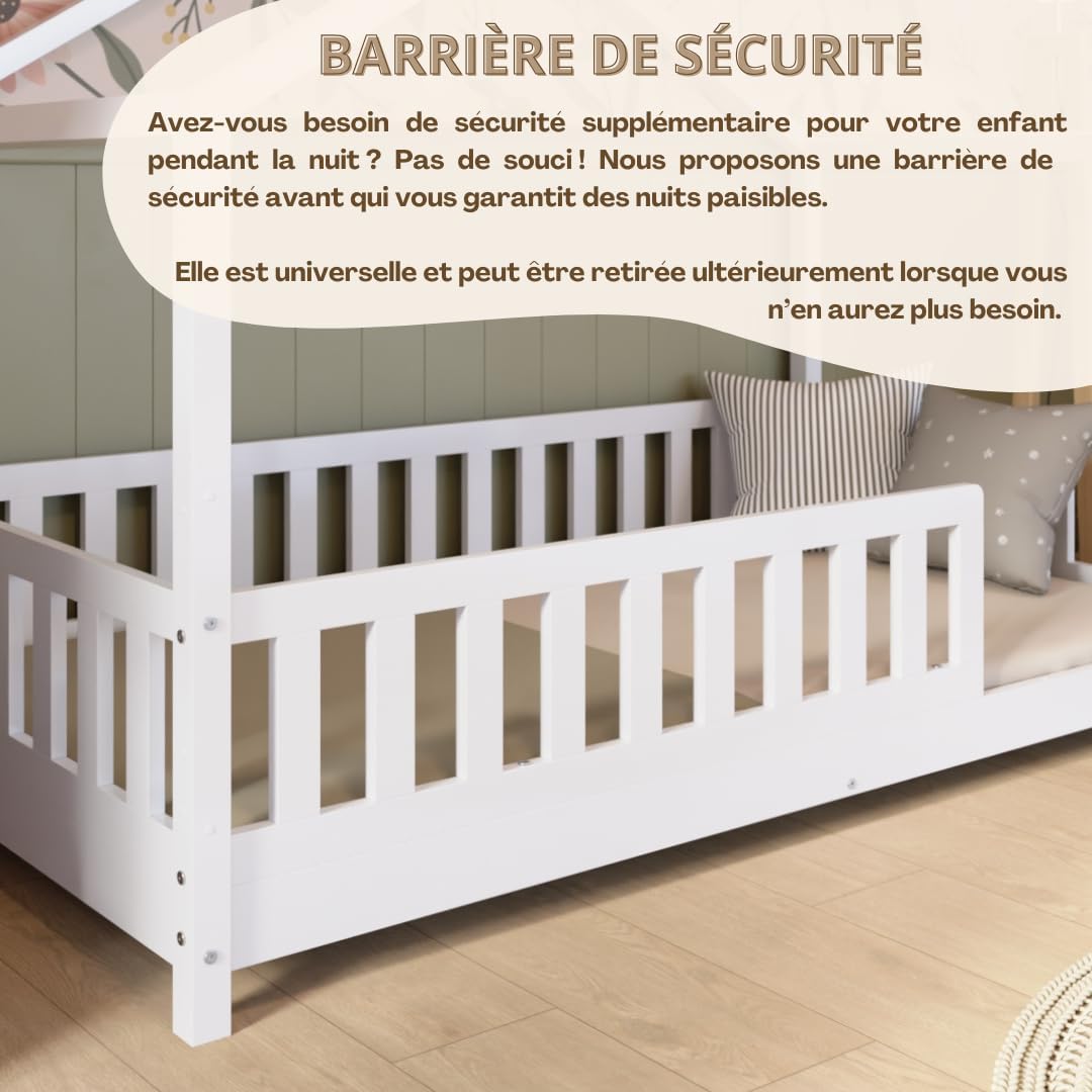 Lit cabane Crazy Pine Crazy House avec tiroirs 190 x 90 cm &ndash; Lit enfant en bois naturel avec barri&egrave;re &ndash; Lit Montessori au sol avec rangement suppl&eacute;mentaire et barri&egrave;re amovible