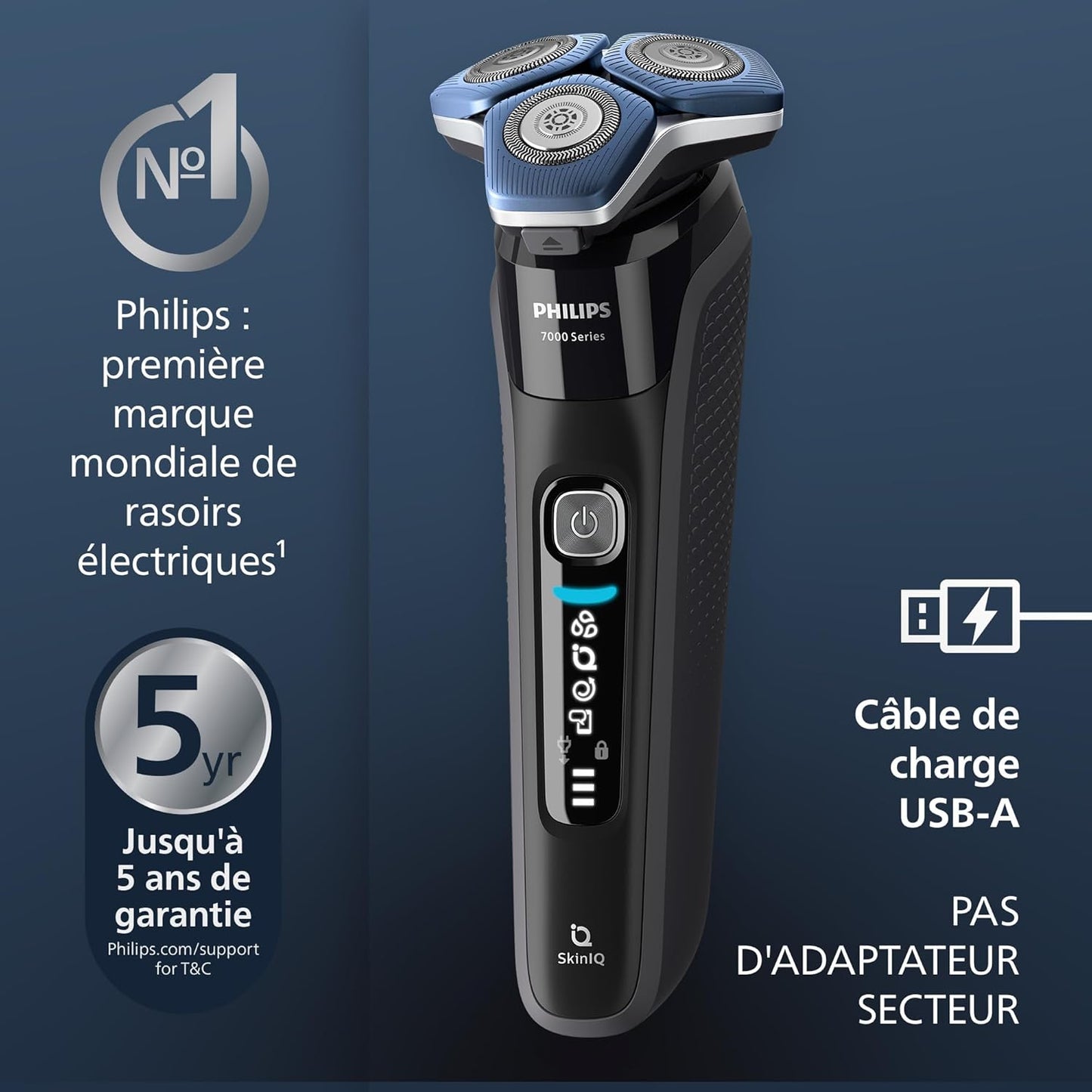 2026 Rasoir Électrique pour Hommes Philips Wet & Dry Series 7000 avec Tondeuse Rétractable, Support de Charge, Étui de Voyage et Cartouche Quick Clean (Modèle S7886/55)