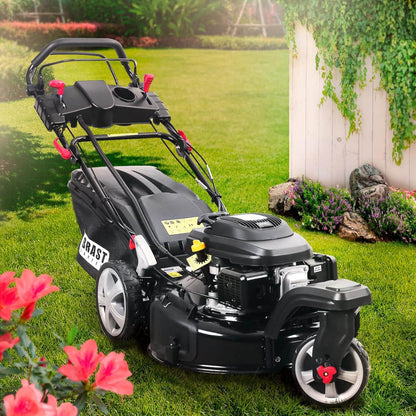BRAST tondeuse thermique 3 roues TRIKE E-START 224cc 53cm tractée démarrage électrique mulching 4en1 capot en tôle en acier 60l - moteur 4 temps de la marque française GT reglable