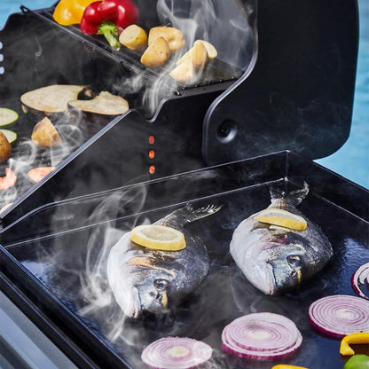 Barbecue Bi-Energy Gun Metal XL - Barbecue Charbon et Plancha 60 x 42 cm à gaz avec brûleur latéral -12,95 KW