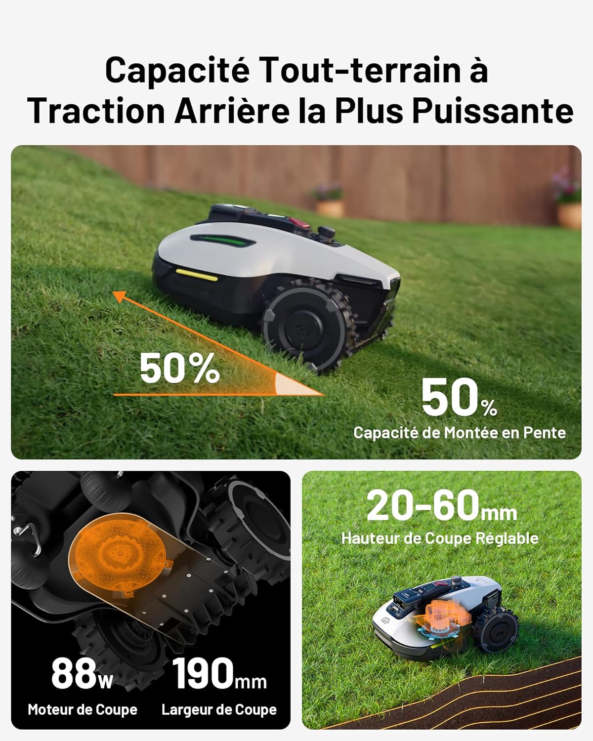 MAMMOTION YUKA Mini 500 Robot Tondeuse sans Fil Périphérique, NetRTK+Vision, Aucune Antenne RTK Requise, Recommandé 500 m², Max. 700 m², Pente à 50%, Cartographie Automatique, avec Module 4G