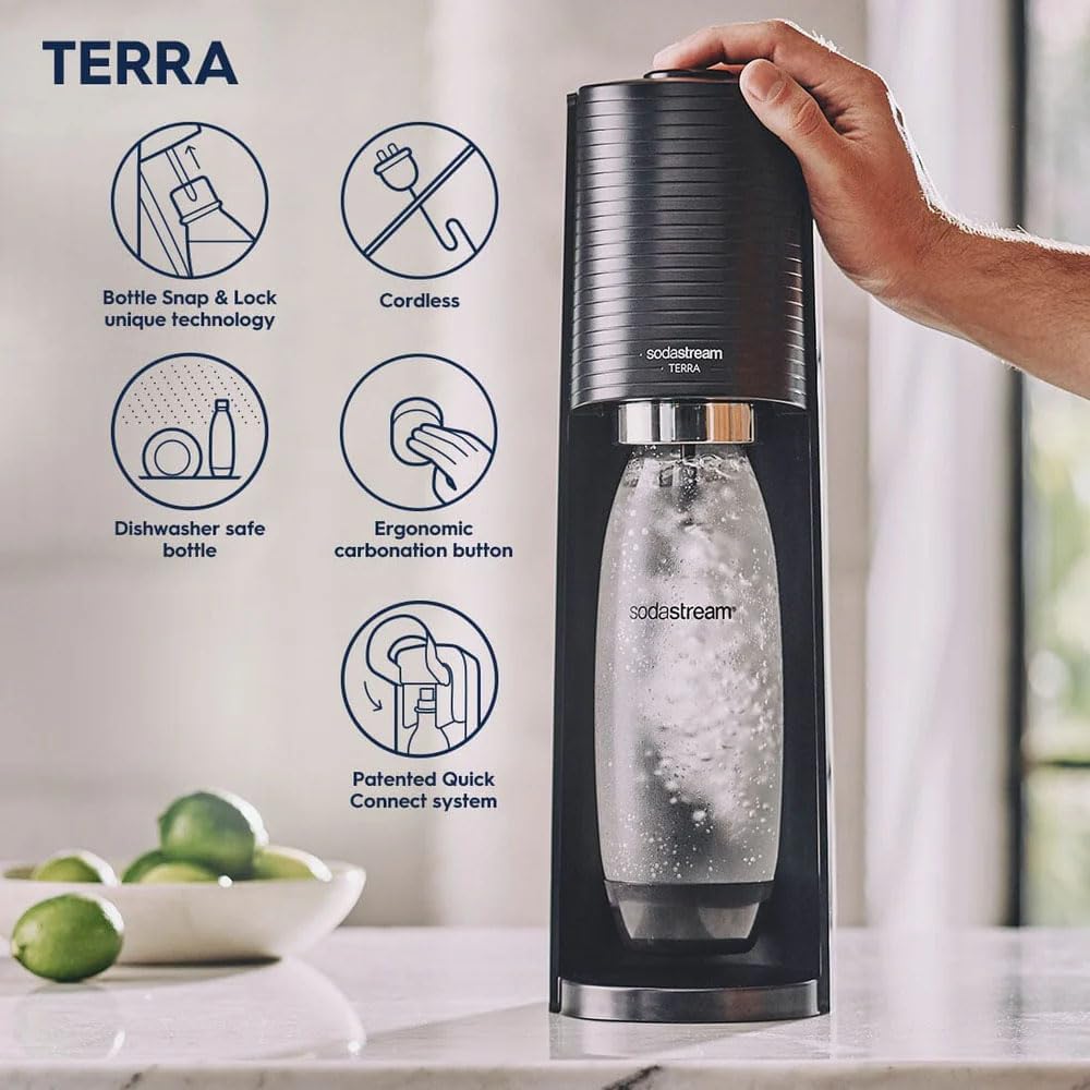 2026 SodaStream Terra Machine à Eau Pétillante Bundle (Noir), avec CO2, Bouteilles Compatibles Lave-Vaisselle et Arômes Bubly Drops