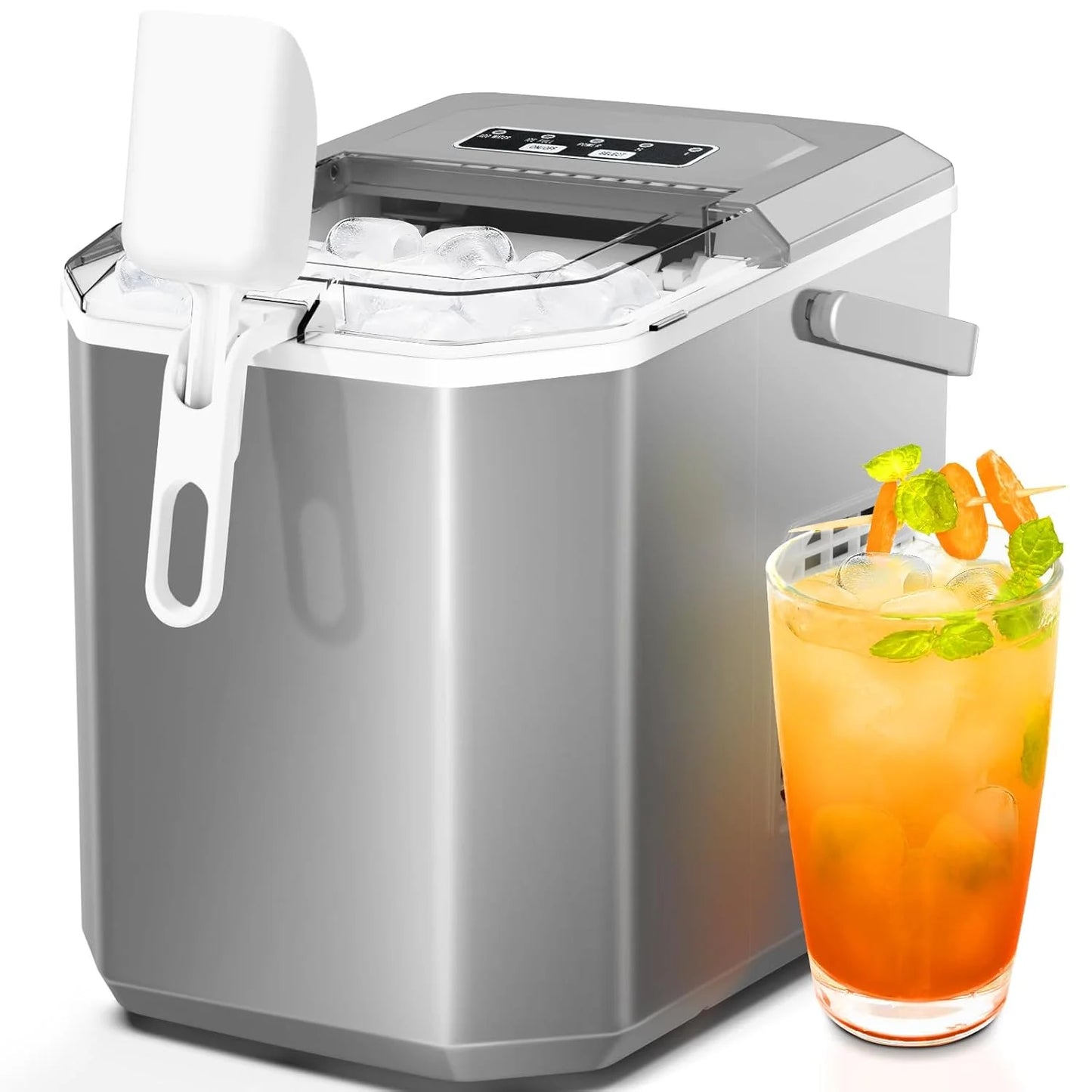 Machine à glaçons de comptoir 2026, portable, avec poignée de transport, autonettoyante, panier et pelle inclus, 9 glaçons en 6 minutes, capacité de 12 kg/24 h, 2 tailles de glaçons, idéale pour la maison, la cuisine et les fêtes, coloris noir et ver