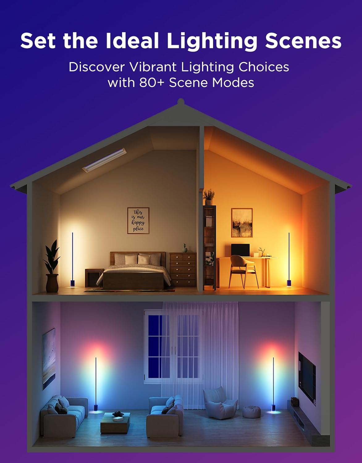2026 Lampadaire Govee 2 avec Matter, LED RGBIC, Blanc Chaud et Froid, Compatible Alexa, 1725 lm, Synchronisation Musique, Modes Scènes, Lampadaire Intelligent pour Salon et Chambre, Noir (1 Pièce)