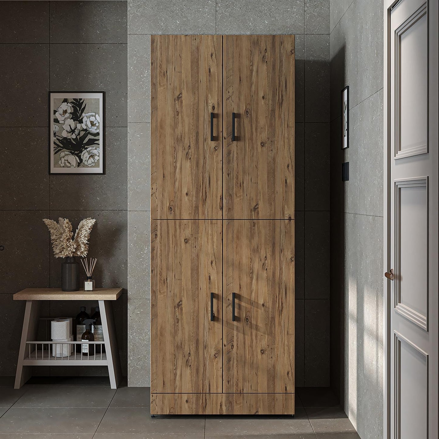 ROOMART Dora Armoire de machine à laver, pour sèche-linge et machine à laver, en 4 couleurs, avec portes et planche coulissante (chêne anthracite)